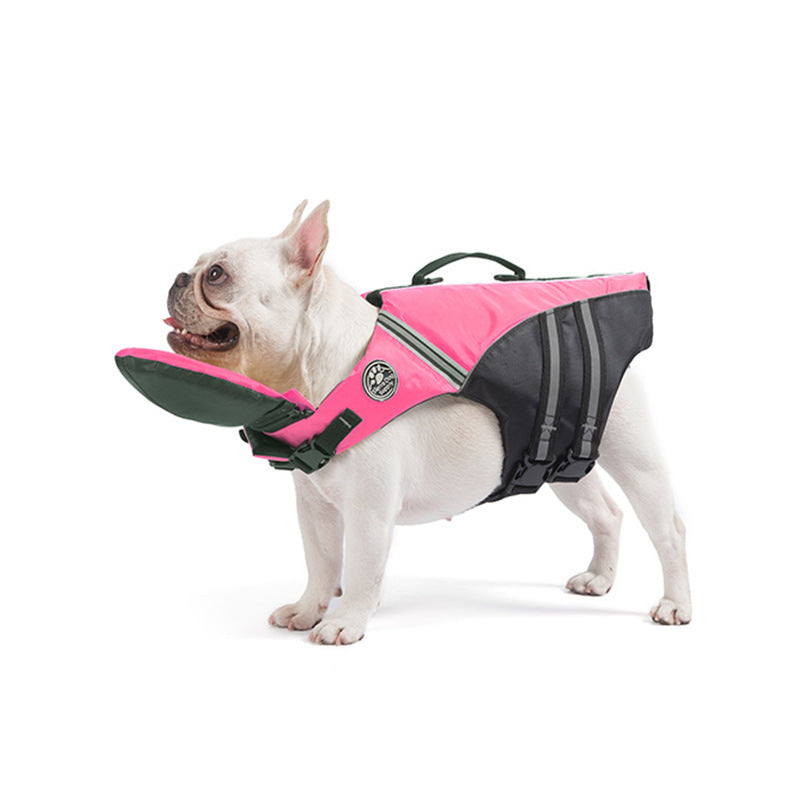 Rosa flytväst för hund med bärhandtag på fransk bulldog