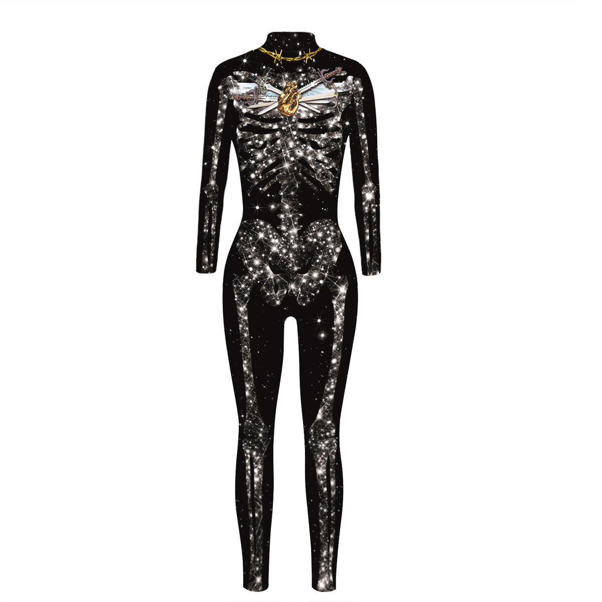 Tightsittande jumpsuit med dödskallemotiv för vuxen