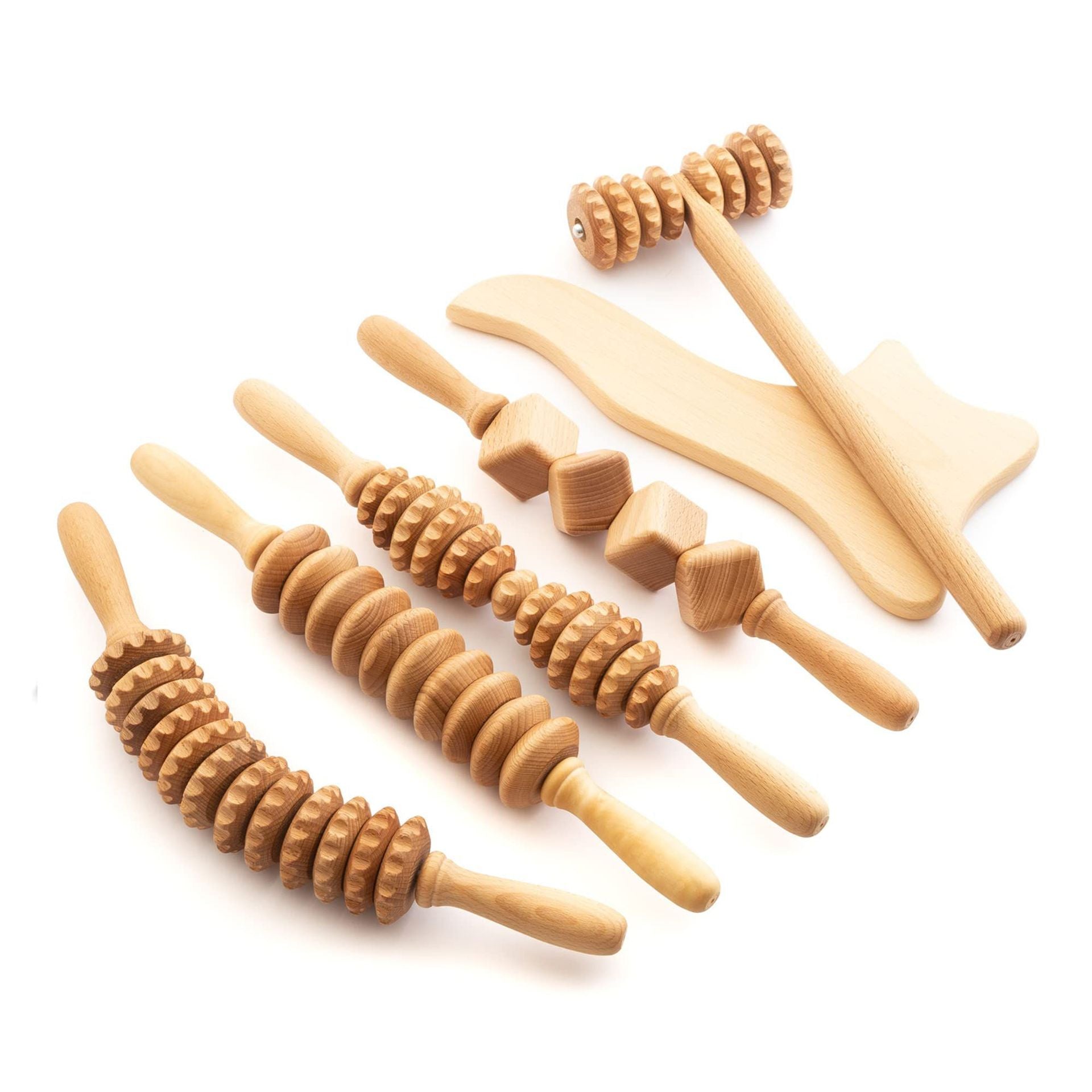 Massageset i bokträ med olika rollers