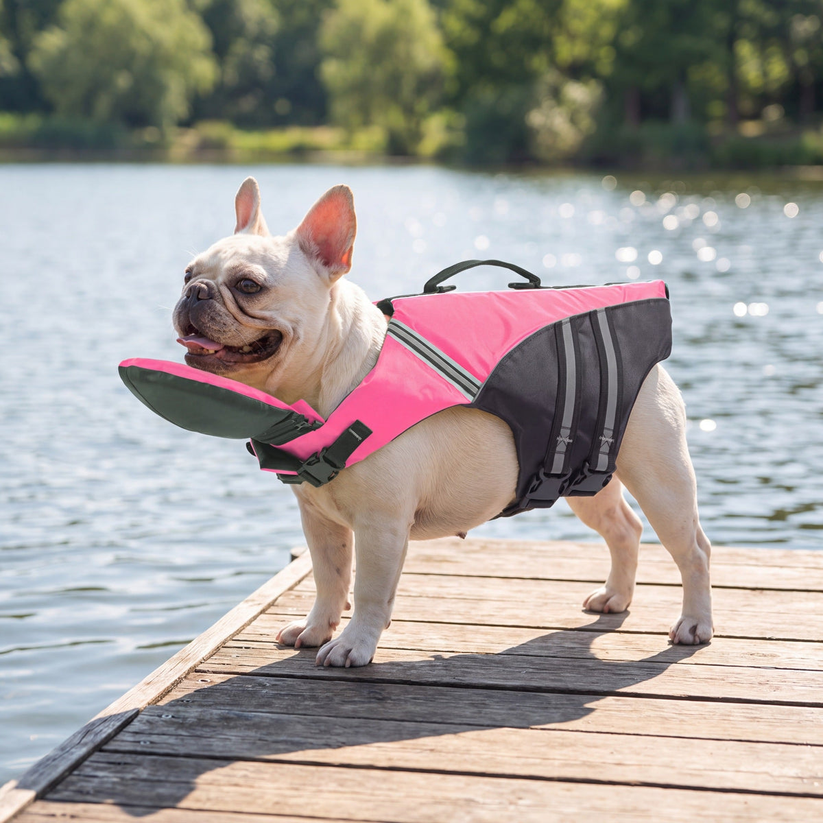 Fransk bulldog i rosa flytväst på brygga vid sjö