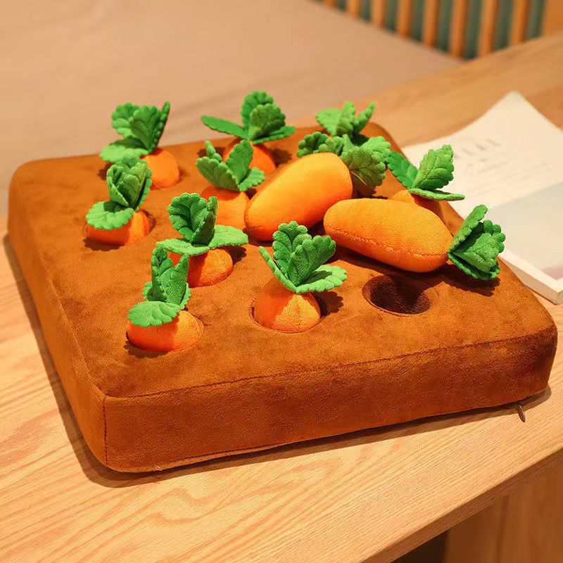 Snuffelmatta med rädisor och morötter på ett bord