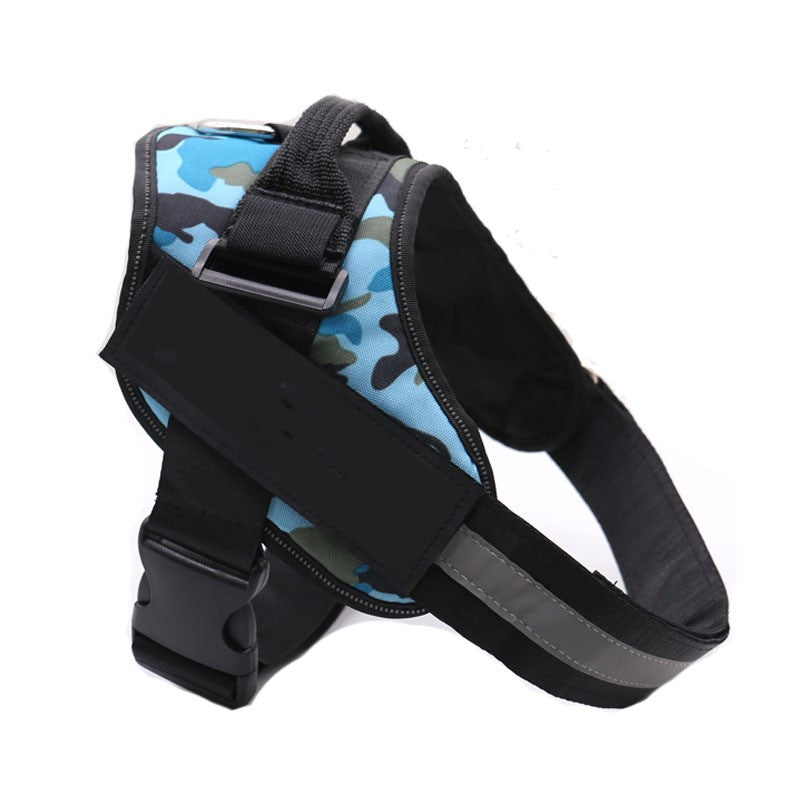 Blå kamouflagemönstrad hundsele med reflexband