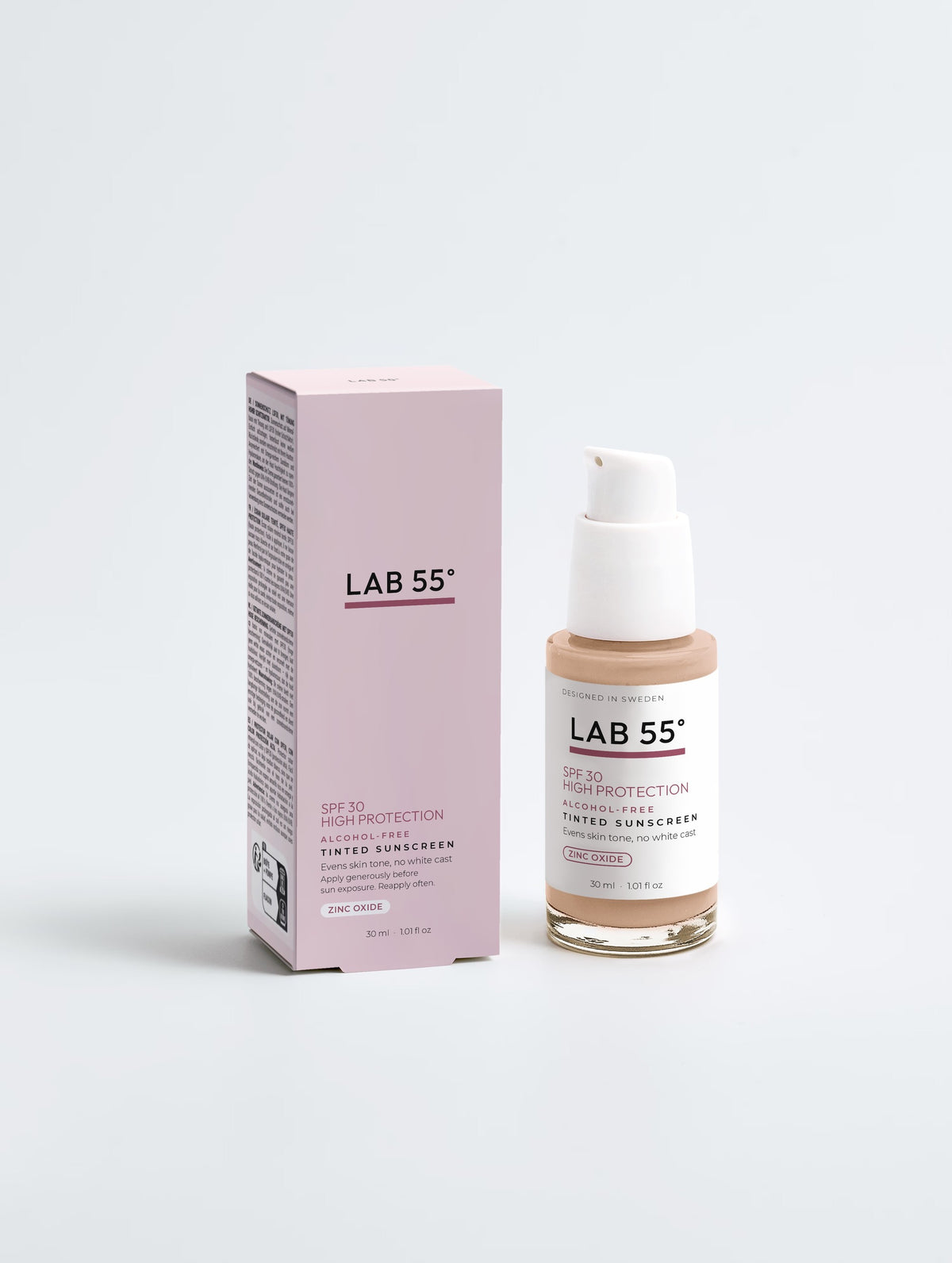LAB 55 Tonad mineralsolkräm SPF 30, 30 ml – flaska och förpackning