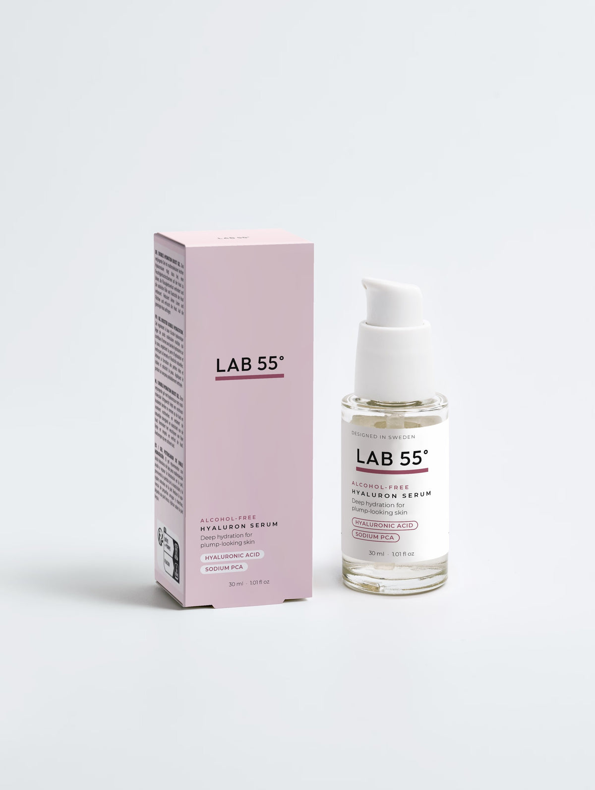 LAB 55 Återfuktande hyaluronsyraserum, 30 ml – flaska och förpackning