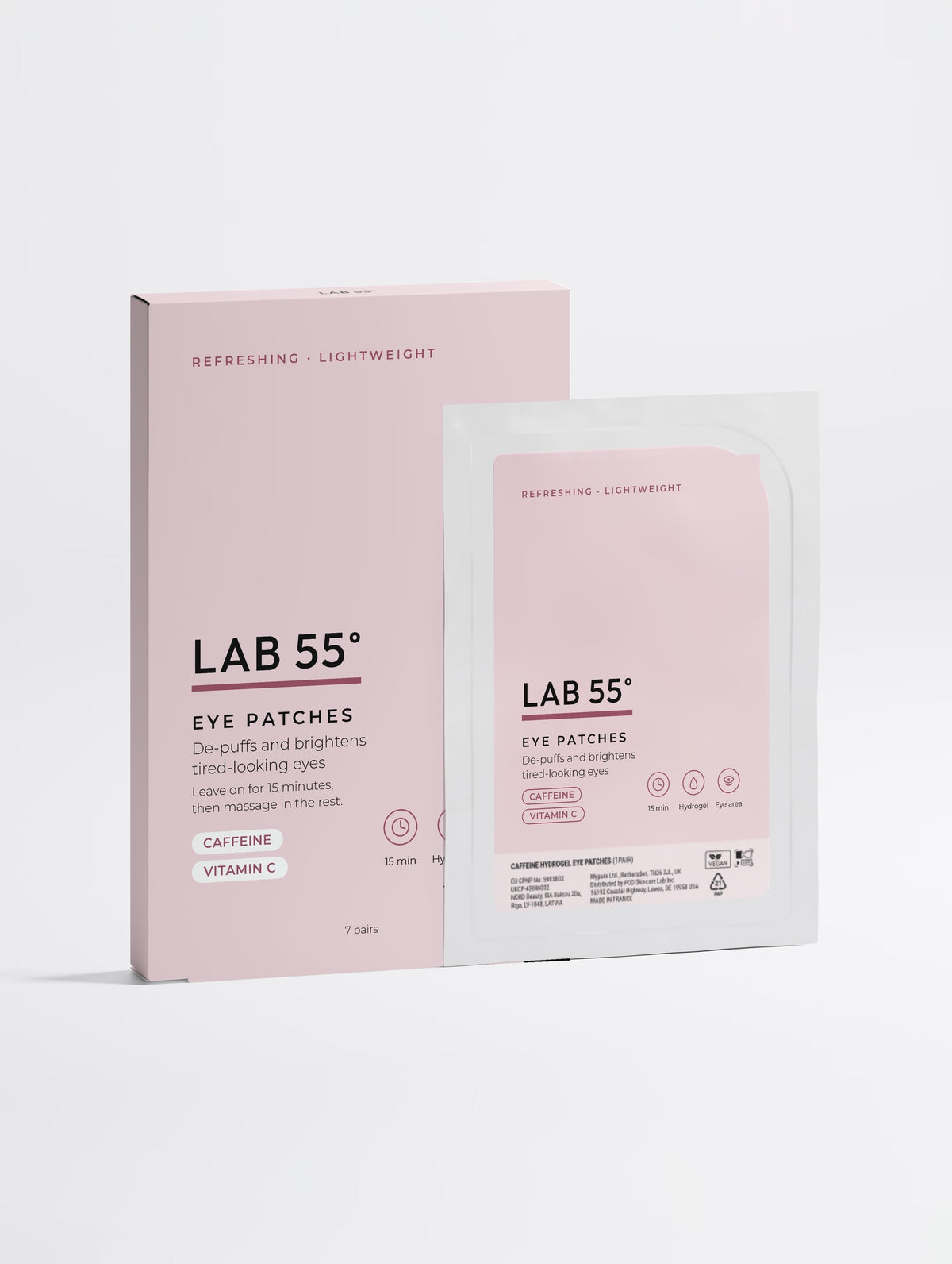 LAB 55 Hydrogel-ögonpads med koffein & C-vitamin, 7 par – förpackning och påse