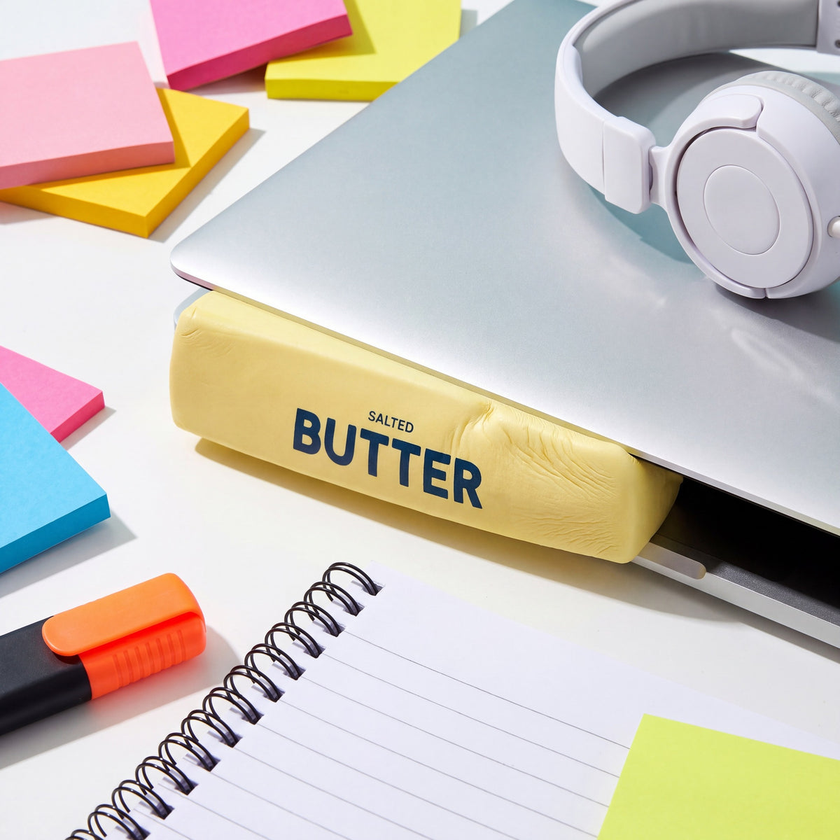 Stressleksak smorpaket inklamd under laptop pa skrivbord med postit-lappar