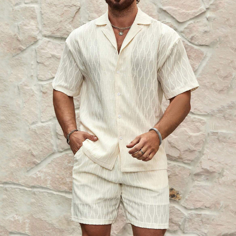 Beige set för herr med kortärmad skjorta och shorts