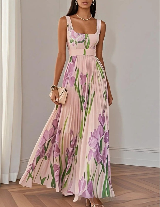 Blommig plisserad klänning i rosa – helbild